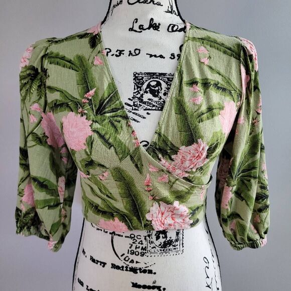 Agua bendita small floral wrap top tropical linen blend coachella festival summe - Picture 1 of 15